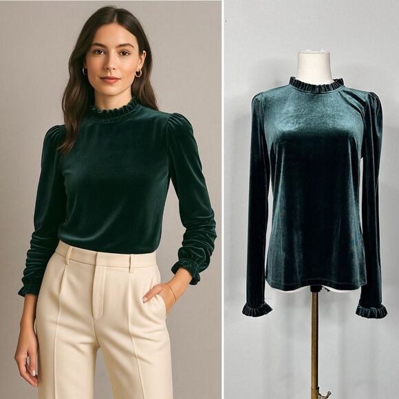 Boden Velvet Ruffle Mock Neck Top Green T1496 NWT 6 Holidays Whimsigoth Romantic - Picture 1 of 11